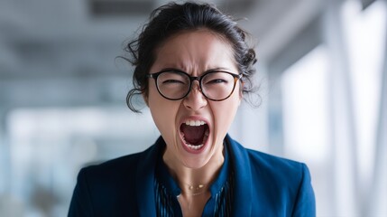 a close-up portrait of an asian businesswoman with glasses screaming in frustration or anger against a blurred office background.