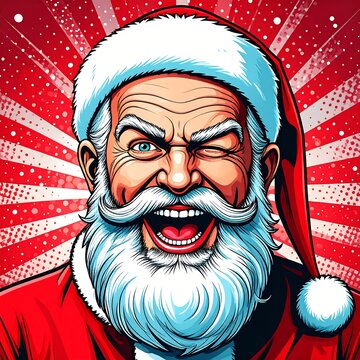 Grinning, winking Santa in comic style