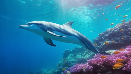 Obraz premium Dolphin swimming in the under sea , Beautiful Underwater and colorfull coral in wild nature of the Pacific Ocean