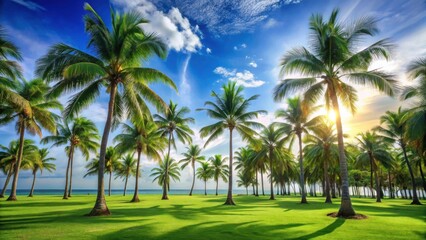 Obraz premium Serene coastal paradise with lush green grass and a row of majestic coconut palm trees swaying gently in the warm sunlight against a vibrant blue sky