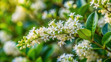 Fototapeta premium Close-up view of delicate white blossoms on a vibrant green shrub, bathed in sunlight, showcasing the intricate details of nature's artistry