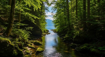 Serene Forest River Landscape with Lush Greenery.