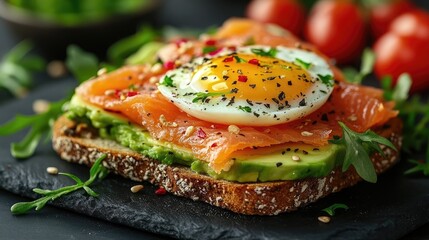 Delicious smoked salmon and avocado toast topped with a fried egg, sesame seeds, and arugula.