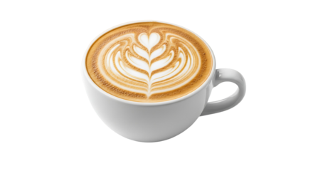 Aromatic latte art design in a white ceramic cup, showcasing a delicate leaf pattern against a rich coffee base.