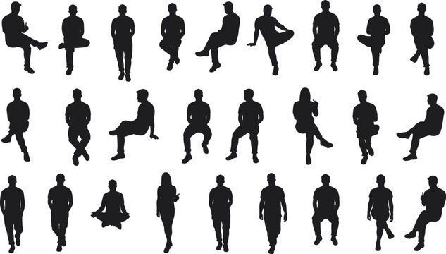 Diverse group of seated male and female silhouettes in various poses on white background people sitting