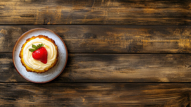 Creamy cake with strawberry topping, on rustic wooden background