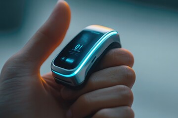 Fototapeta premium A futuristic smart ring with a sleek design and vibrant display showing a battery indicator and number 10.