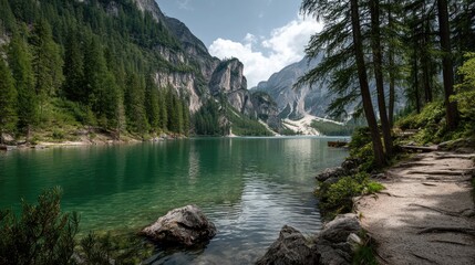 A breathtaking mountain lake surrounded by tall pine trees and rocky peaks under a dramatic cloudy sky, reflecting serene natural beauty.
