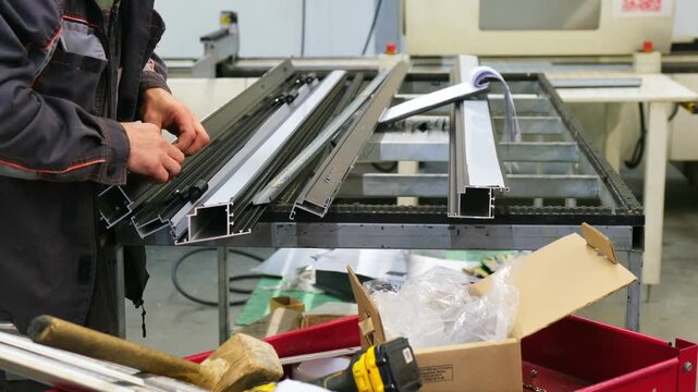 Factory worker assembling aluminum window frame