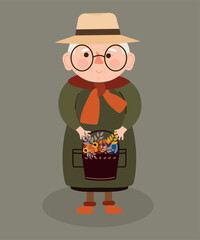 Illustration Warming Season with Grandmother Wearing a Had and Holding a Pumpkin, Flower Bag