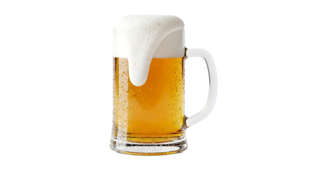 A close-up,  shot of a glass beer mug filled with light amber beer, topped with a generous layer of frothy white head.