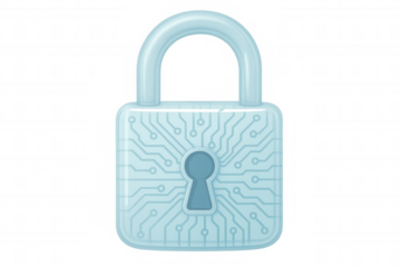Glass padlock securing an electronic circuit, symbolizing digital security and data protection on a transparent background
