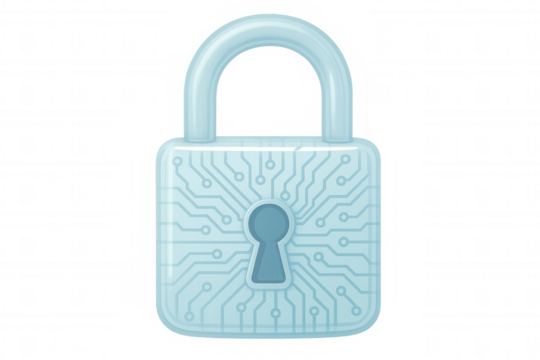 Glass padlock securing an electronic circuit, symbolizing digital security and data protection on a transparent background