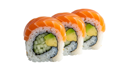 Three fresh salmon sushi rolls, displayed against a black background, showcase vibrant colors and appetizing detail.