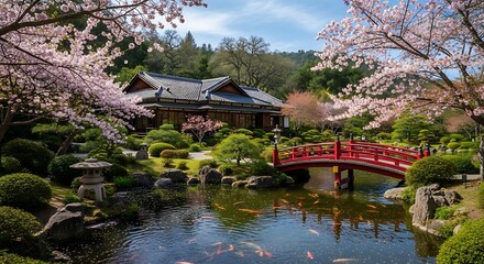 Obraz premium Serene Japanese Garden with Red Bridge and Koi Pond.