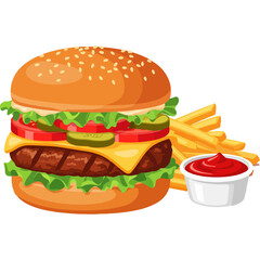 A classic, juicy cheeseburger with a side of golden French fries. A detailed and delicious illustration of popular American fast food, perfect for menus or food blogs.

