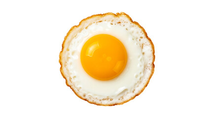 A fried egg, cooked perfectly, centered on a black background, with a golden-brown edge and a vibrant yellow yolk.