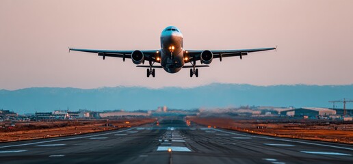 Naklejka premium Airplane taking off from runway with distant mountains and cityscape at sunset. Dramatic perspective of travel and soaring
