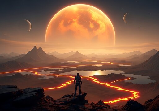 A lone astronaut stands on a rocky alien planet, gazing at a massive, fiery orange planet dominating the sky - Powered by Adobe