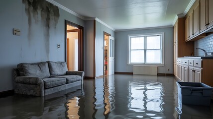 Flooded living room with water damage on walls and furniture