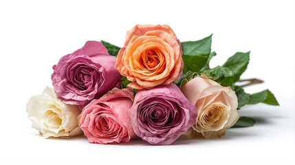 Obraz premium a lush cluster of softly colored roses in shades of peach, lavender, cream, and blush pink rests against a clean white background.