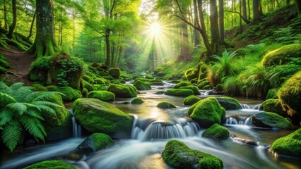 Serene Sunlit Stream Flowing Through a Lush Mossy Forest with Vibrant Green Vegetation