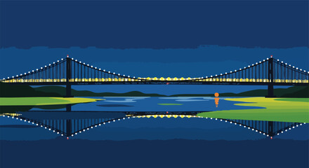 Fototapeta premium Twilight Bridge Reflection: A serene, twilight scene unfolds as a majestic bridge is mirrored in the calm waters beneath.