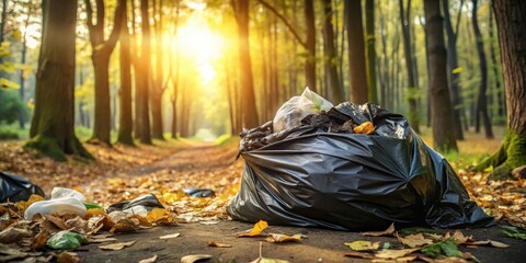 A large black plastic trash bag overflowing with refuse sits on a leaf-covered path in a sunlit forest, illustrating the problem of litter in natural areas.