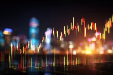 A vibrant candlestick chart overlay against a blurred cityscape at night, reflecting on a surface, suggesting market analysis in an urban setting