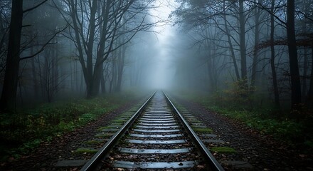 Fototapeta premium Mysterious Train Tracks Disappearing into a Foggy Forest Landscape.