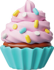 Cupcake with cream 3D vector icon, realistic biscuit sweet dessert bakery with mousse topping and candies, festive treat
