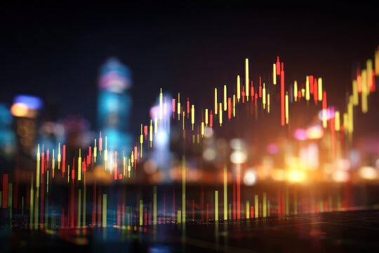 A vibrant candlestick chart overlay against a blurred cityscape at night, reflecting on a surface, suggesting market analysis in an urban setting