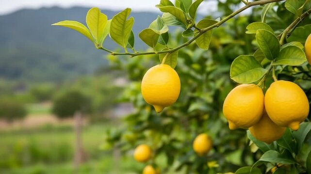 Bright yellow lemons ripen on a lush green tree branch with a soft focus natural landscape in the background.