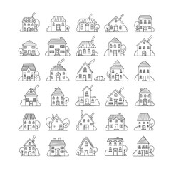 A large set of thirty handdrawn house and building icons illustrated in a simple black and white doodle line art style.