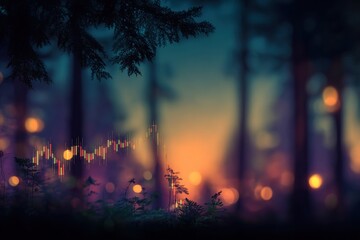 Ethereal forest scene blending vibrant bokeh lights with a contrasting red and green candlestick chart overlay