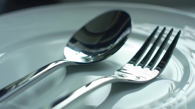 Silverware resting on plate, tabletop background, food-related use