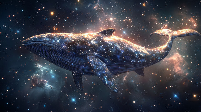 Starry Whale Gliding Through Galactic Sea, Ethereal Dreamscape with Constellations, Magical Realism Artwork