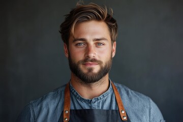 Portrait of a handsome man with a beard, wearing a denim shirt and apron, smiling.