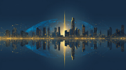 Fototapeta premium Sunshine in the Smart digital Innovation city with connection network reciprocity over the cityscape. of future smart wireless digital city and social media networking systems that connects peo