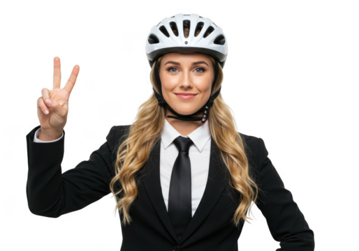 Woman in suit and helmet making peace sign isolated on transparent background