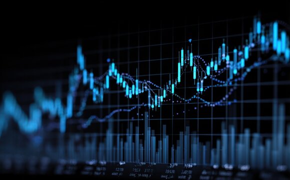 Candlestick chart glowing blue on a black grid, with bar chart at the bottom, conveying market trends and financial data analysis - Powered by Adobe