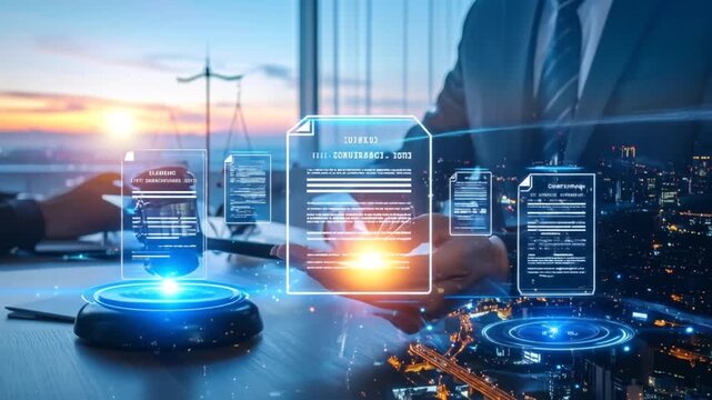 Futuristic legal technology innovation displays modern law contract management