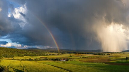 Landscape with Rainbow, Rain Shower, Fields, and Forests