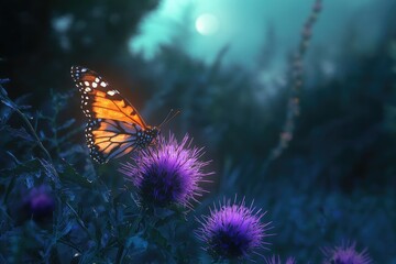 Obraz premium A monarch butterfly rests on a vibrant purple thistle flower under a twilight sky.