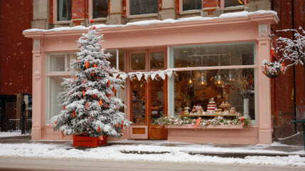 american bakery adorned with festive christmas decorations featuring beautifully decorated christmas tree beside