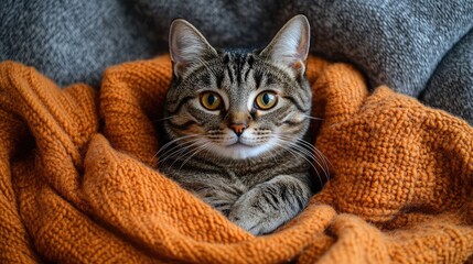 Naklejka premium Cozy tabby cat nestled in a warm orange knit blanket, looking directly at the camera.