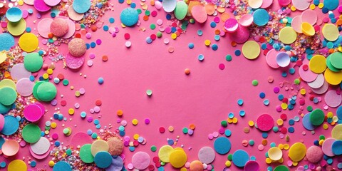 A vibrant celebration of colorful confetti and sprinkles on a pink background, perfect for festive occasions and joyful events.