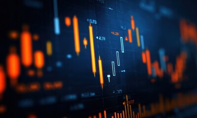 Abstract representation of financial data with orange and blue candle bars overlaid on a dark background, creating an atmospheric market graph visualization