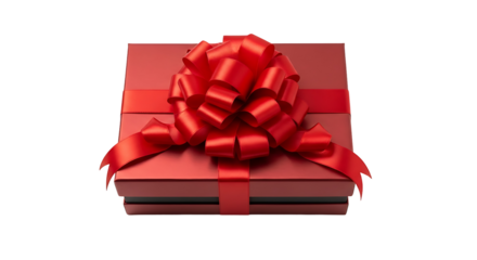 A red gift box with a large, elegant bow, presented against a black background, showcases a festive and celebratory atmosphere.