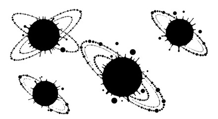 Abstract black ink splatters form chaotic celestial bodies, each orbited by its own system of delicate, dotted rings. © Skyframe